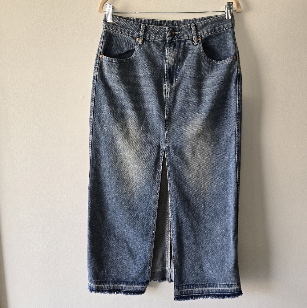 Happily Grey Center Slit Raw Frayed Hem Vintage Wash Long Denim Skirt Size 9